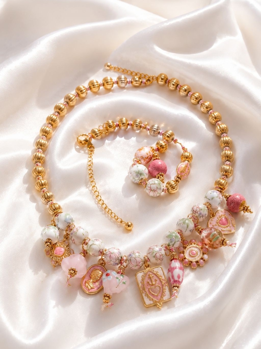 Pink and Gold Beaded Charm Necklace with Matching Bracelet - Picture 2 of 5
